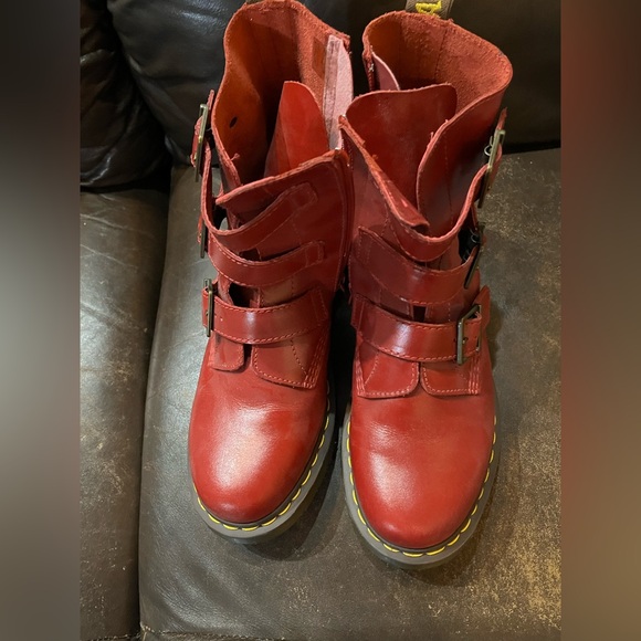 Dr. Martens Blake Boots Red 3 Buckle Leather Combat ASO Jungkook BTS 9 Womens - Picture 2 of 5